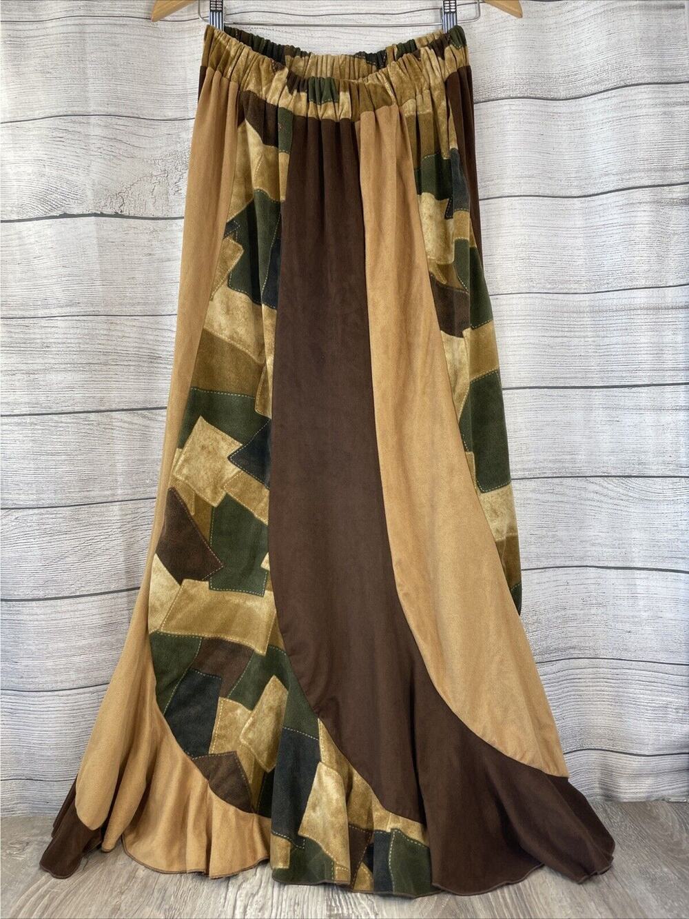 Mondiki Skirt Square Dancing Patchwork Micro Suede Long Tan Brown Boho sz Large